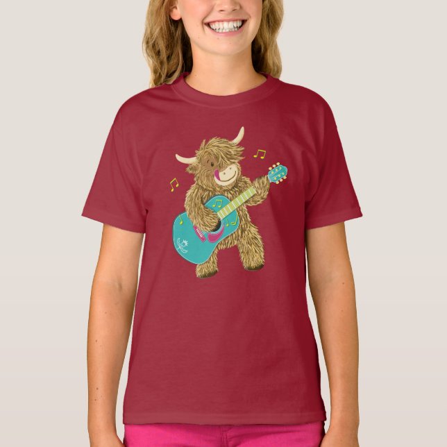 Cute Scottish Highland Cow Plays Guitar T-Shirt (Front)