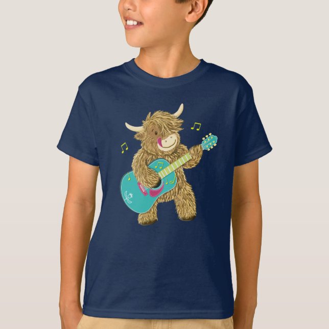 Cute Scottish Highland Cow Plays Guitar T-Shirt (Front)