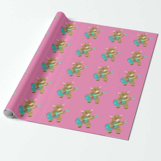 Cute Scottish Highland Cow Plays Guitar    Wrapping Paper (Unrolled)