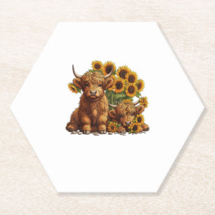 Cute Scottish Highland Cow Sunflower Mothers Day F Paper Coaster