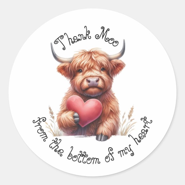 Cute Scottish Highland Cow thank you heart sticker (Front)
