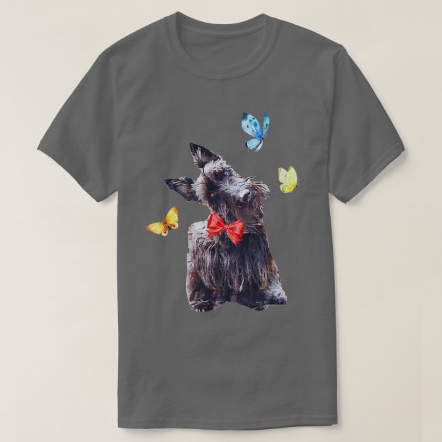 Cute Scottish Terrier with Butterflies Design T-Shirt (Design Front)