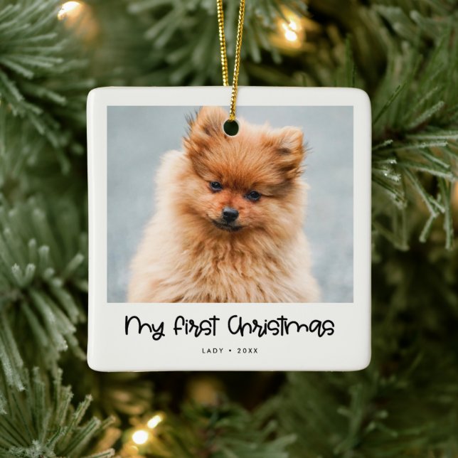 Cute script Animal First Christmas photo Ceramic Ornament (Tree)