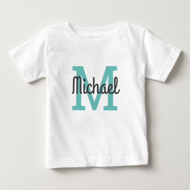 Cute Script Blue Name  Monogram Baby T-Shirt (Front)