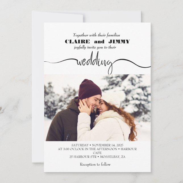 Cute Script Elegant Photo Overlay White Wedding In Invitation (Front)