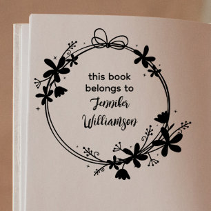 Cute Script Floral Wreath This Book Belongs To  Rubber Stamp