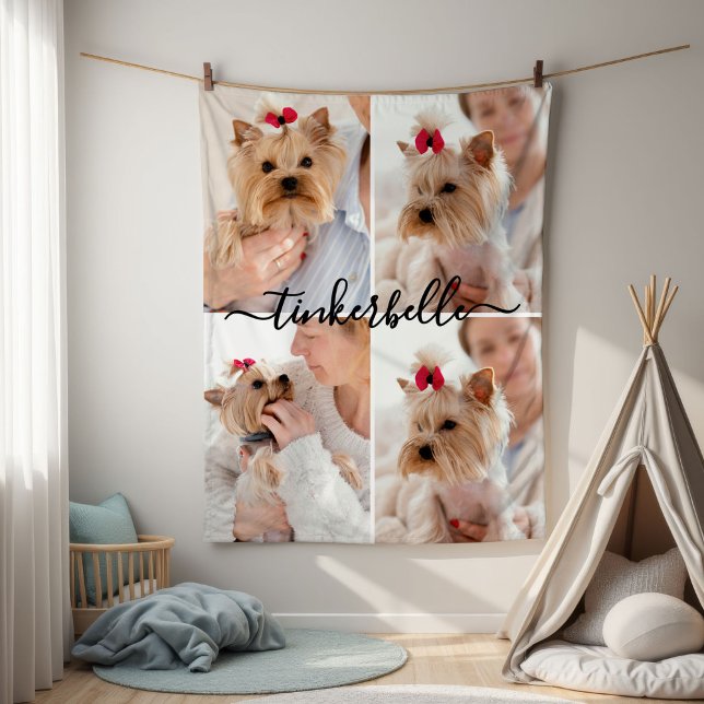 Cute Script Four Photo Collage Pet Fleece Blanket (Creator Uploaded)