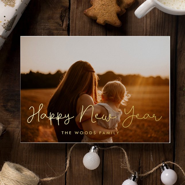 Cute script Happy New Year photo Foil Holiday Postcard (Creator Uploaded)