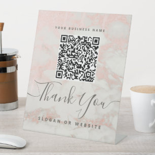Cute Script Marble Pink Qr Code Contactless Pay Pedestal Sign