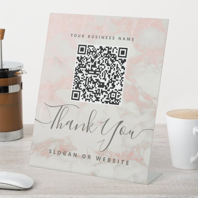 Cute Script Marble Pink Qr Code Contactless Pay Pedestal Sign (In SItu)