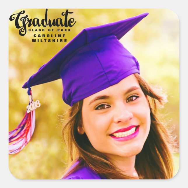 Cute Script Personalised Photo Graduation Square Sticker (Front)