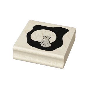 Cute Scruffy Wolf with Moon Wood Art Rubber Stamp