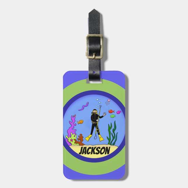 Cute scuba diver with fish cartoon luggage tag (Front Vertical)