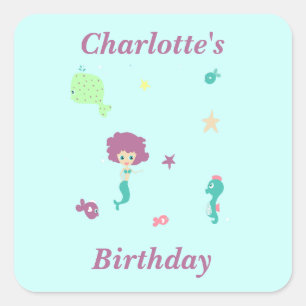 Cute sea life mermaid fishes name on blue square sticker