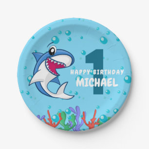 Cute Sea Life Name Shark 1st Birthday Party Kids Paper Plate