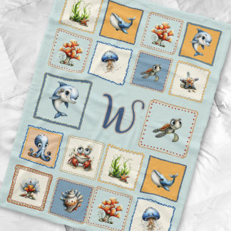 Cute Sea Life Patches Monogram Initial Fleece Blanket