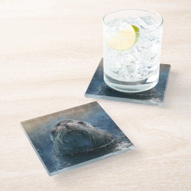 Cute Sea Lion FaceWatercolor  Wildlife Glass Coaster (Angled)