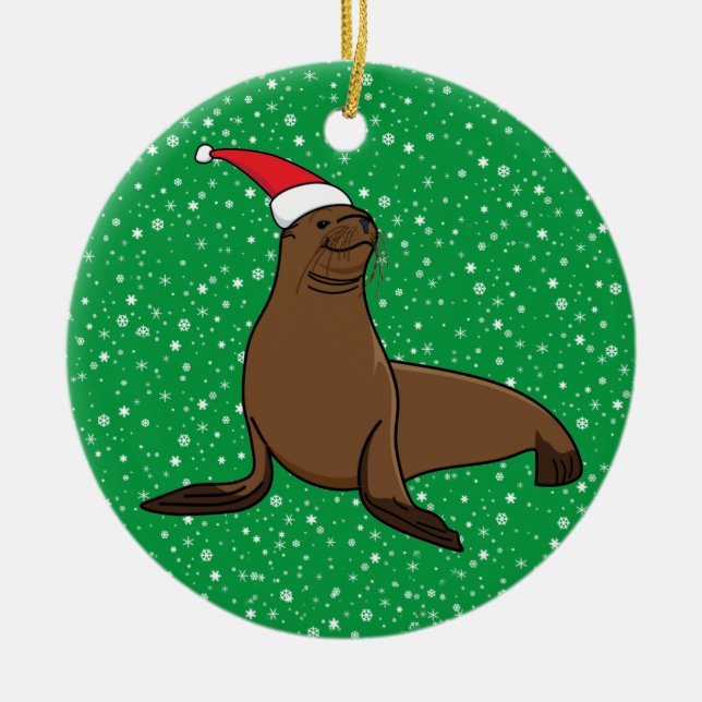 Cute Sea Lion in Santa Hat Christmas Ceramic Tree Decoration (Front)