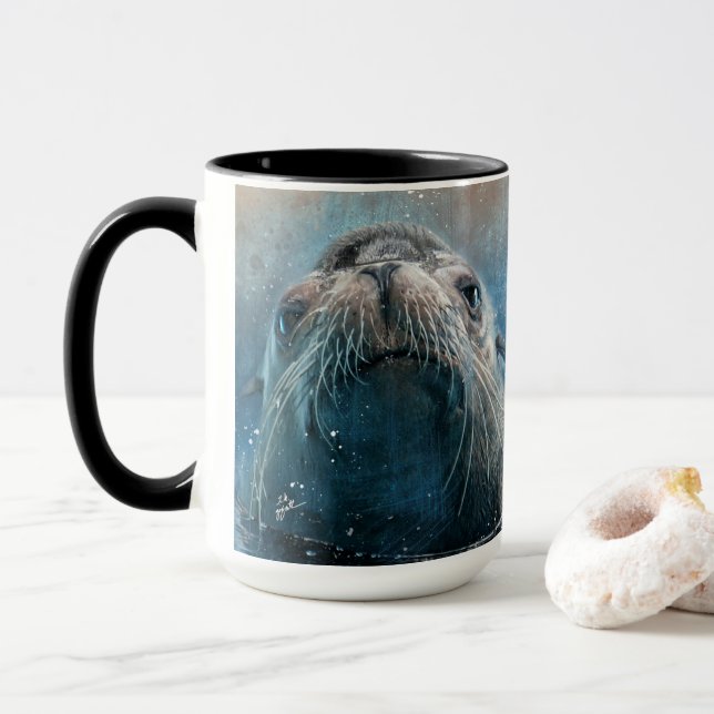 Cute Sea Lion Photography Watercolor Mug (With Donut)