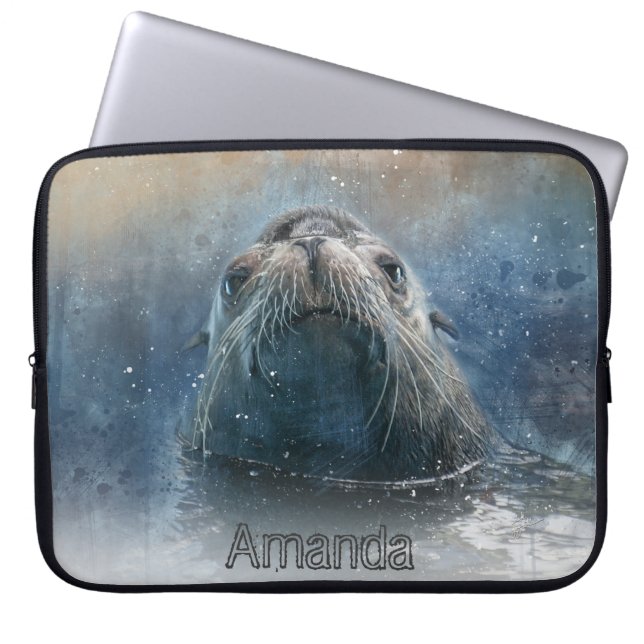 Cute Sea Lion Watercolor Monogram Wildlife Laptop Sleeve (Front)