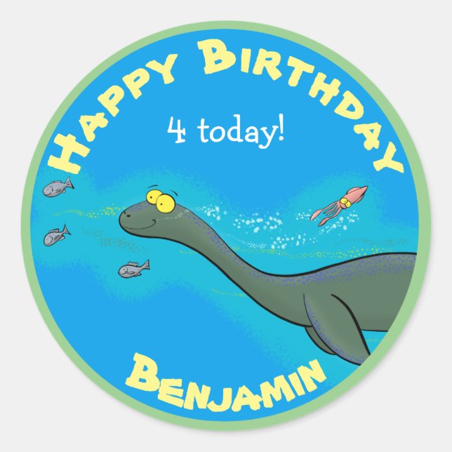 Cute sea monster cartoon illustration classic round sticker (Front)