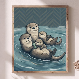 Cute Sea Otter Family Nursery Art Chevron Poster