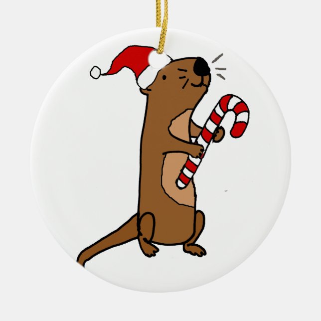 Cute Sea Otter in Santa Hat Christmas Cartoon Ceramic Tree Decoration (Front)