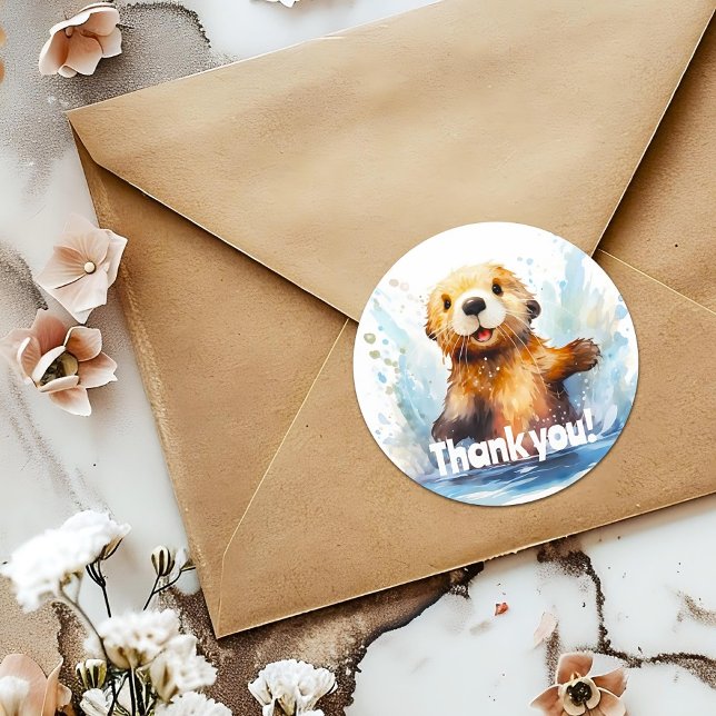 Cute Sea Otter in Water Thank You Personalised Classic Round Sticker (Creator Uploaded)