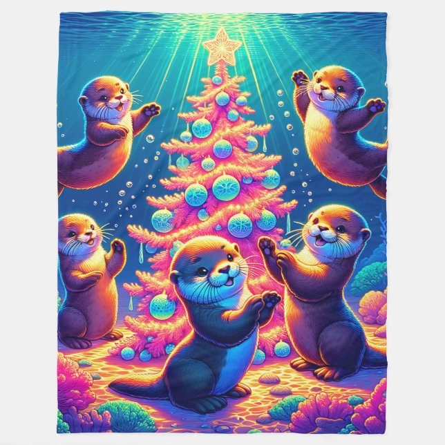 “Cute Sea Otters Decorating Christmas Tree" Fleece Blanket (Front)
