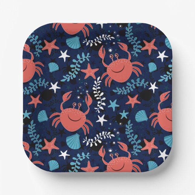 Cute sea pattern with crabs. paper plate (Front)