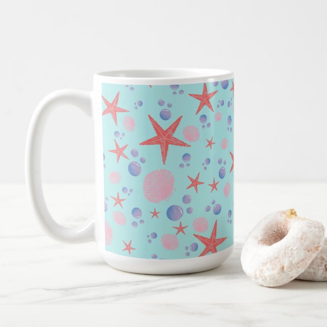 Cute Sea Shell starfish Coastal Summer Ocean Beach Coffee Mug (With Donut)