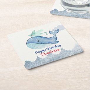 Cute Sea stingray whale fish Birthday party Square Paper Coaster