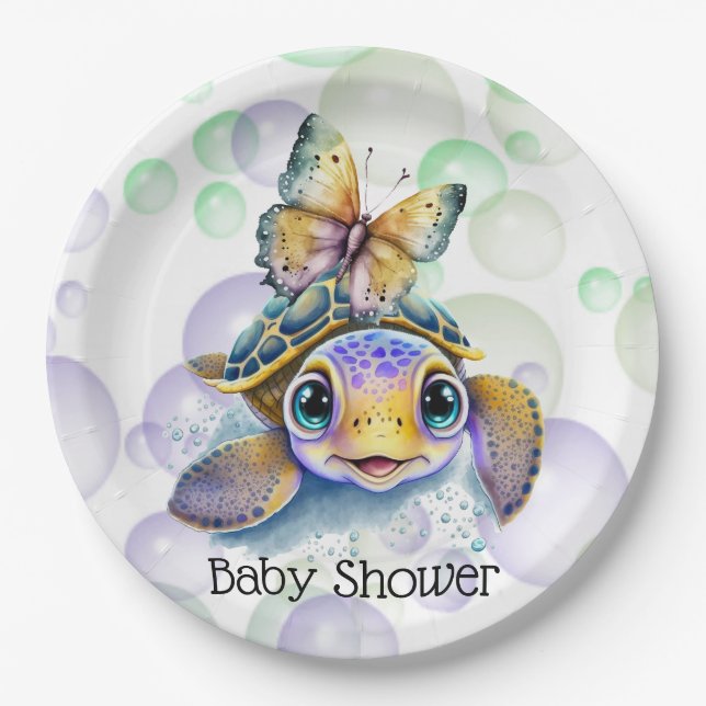 Cute Sea Turtle and a Butterfly Baby Shower Paper Plate (Front)
