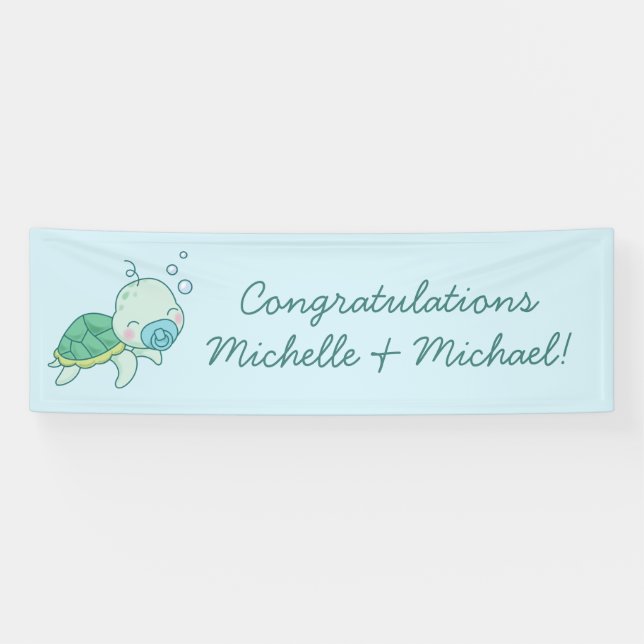 Cute Sea Turtle Baby Shower Blue Boy Banner (Horizontal)