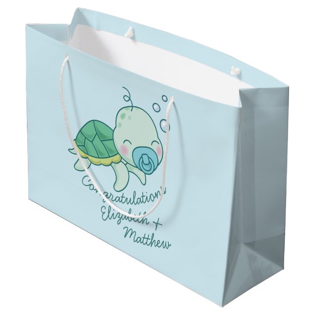 Cute Sea Turtle Baby Shower Kawaii Blue Boy Large Gift Bag (Back Angled)