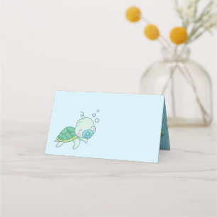 Cute Sea Turtle Baby Shower Kawaii Blue Boy Place Card