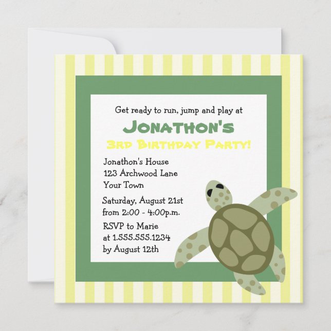 Cute Sea Turtle Birthday Party Invite Green Yellow (Front)