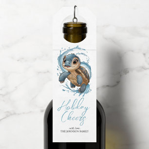 Cute Sea Turtle Christmas Holiday Watercolor Bottle Tag
