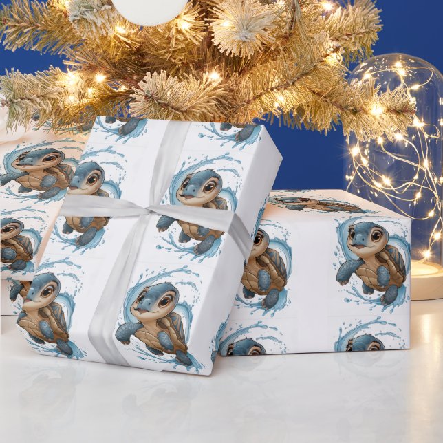 Cute Sea Turtle Christmas Holiday Watercolor  Wrapping Paper (Holidays)