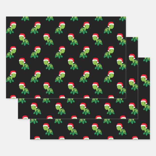 Cute Sea Turtle Christmas Xmas Santa Hat Pattern Wrapping Paper Sheet (Set)