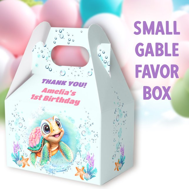 Cute Sea Turtle Colourful 1st Birthday Favour Box (Cute Turtle Small Gable Favor Boxes - You can choose from 3 sizes of these gable favor boxes)
