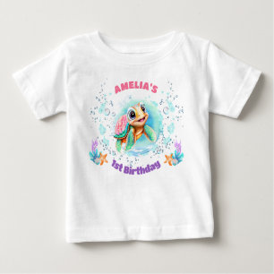 Cute Sea Turtle Colourful Girl 1st Birthday Baby T-Shirt