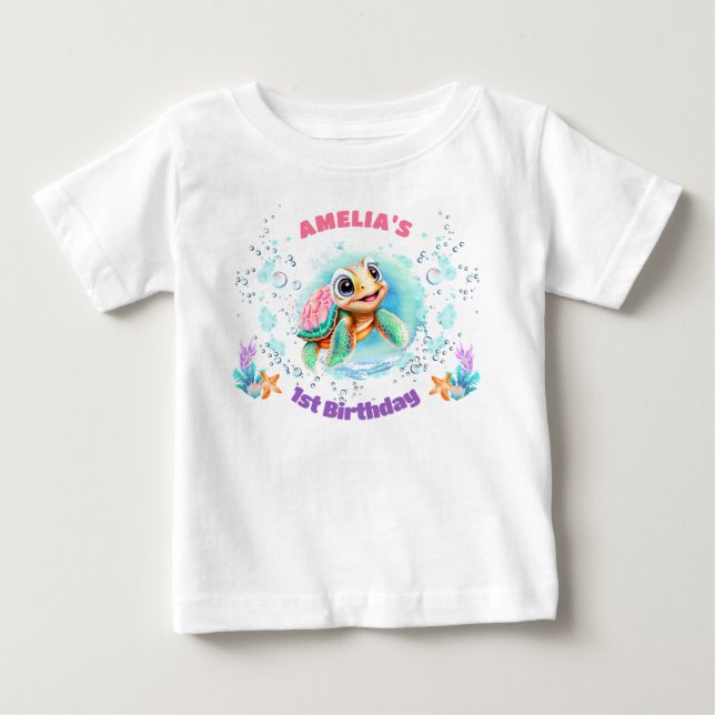 Cute Sea Turtle Colourful Girl 1st Birthday Baby T-Shirt (Front)