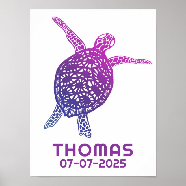 Cute Sea Turtle CUSTOM BABY NAME BIRTHDAY Art Poster (Front)