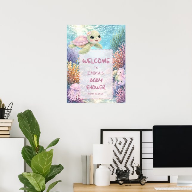 Cute Sea Turtle Girl Baby Shower Welcome Poster (Home Office)