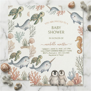 Cute Sea Turtle Narwhal Penguin Ocean Baby Shower Invitation