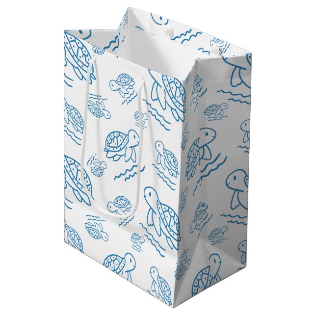 Cute Sea Turtle Nautical Doodle Pattern Medium Gift Bag (Front Angled)