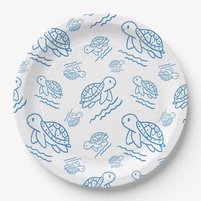 Cute Sea Turtle Nautical Doodle Pattern Paper Plate (Front)