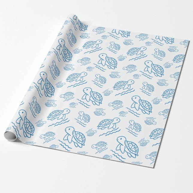 Cute Sea Turtle Nautical Doodle Pattern Wrapping Paper (Unrolled)