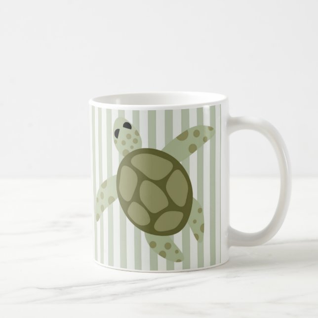 Cute Sea Turtle on Green Stripe Coffee Mug (Right)